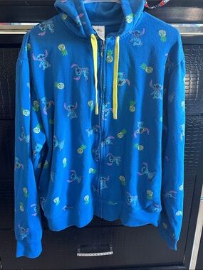Disney Blue Stitch Pineapple Print Zip Hoodie with Yellow Drawstrings